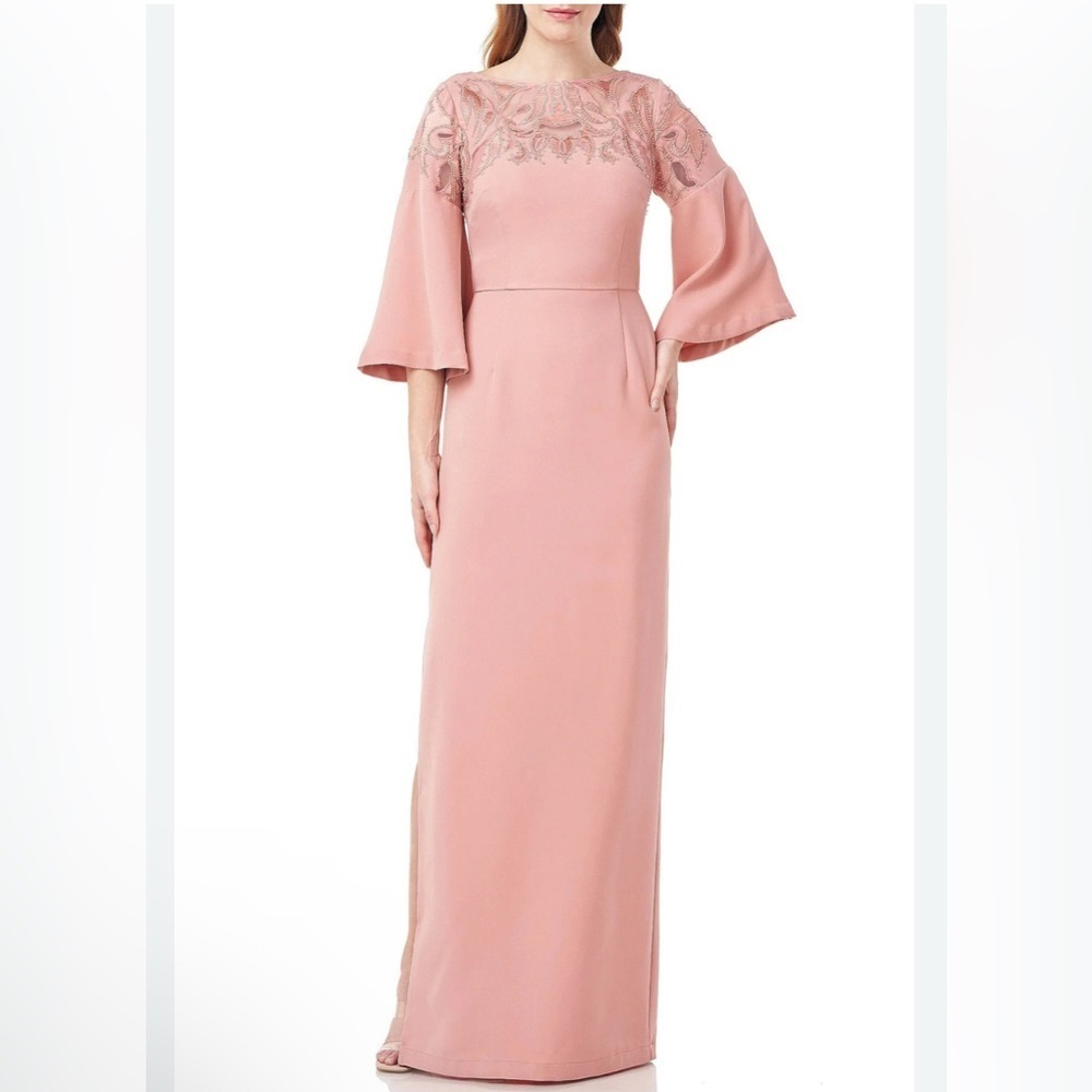 Js Collections Embellished Boat Neck 3/4 Flare Sleeve Solid Stretch Crepe Dress
